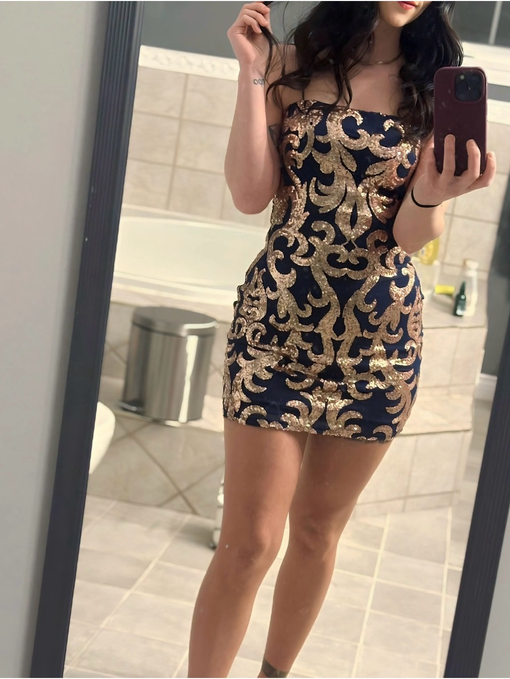 Lovely Day Navy Strapless Mini Dress with Gold Sequin Baroque